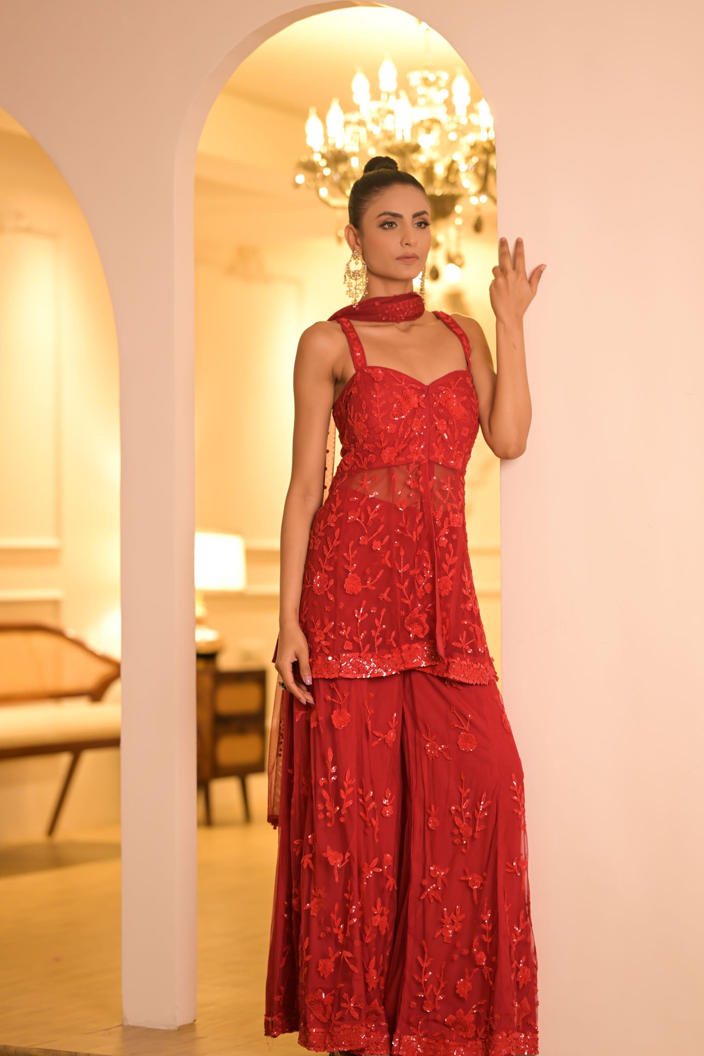 Crimson Embroidered Sharara Set