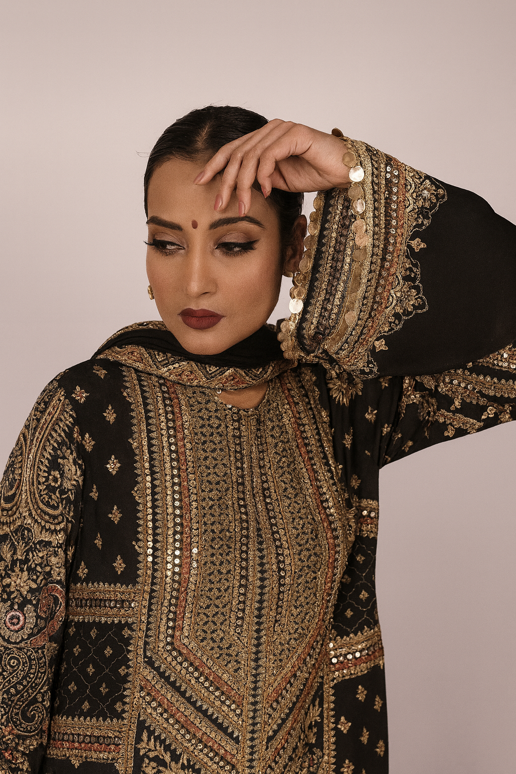 Long Arnarkali suit with wide legged pants and dupatta - Black