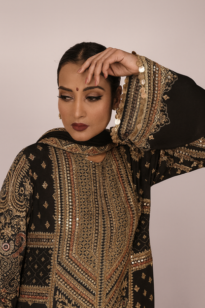 Long Arnarkali suit with wide legged pants and dupatta - Black