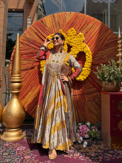 Gold & Wine Handcrafted Panelled Anarkali