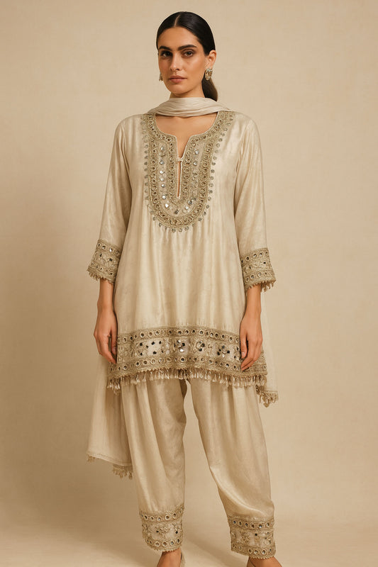 Ivory Mirror-Work Kurta Set