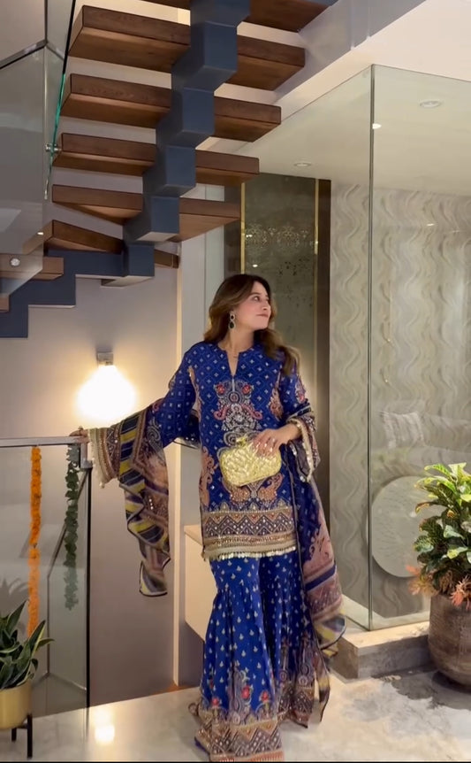 Short blue kurti with sharara and printed dupatta