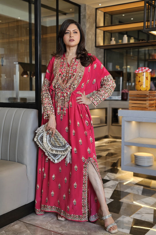 Bhagyashree In Rani Pink Crepe Kaftan with Digital Print & Hand Embroidery