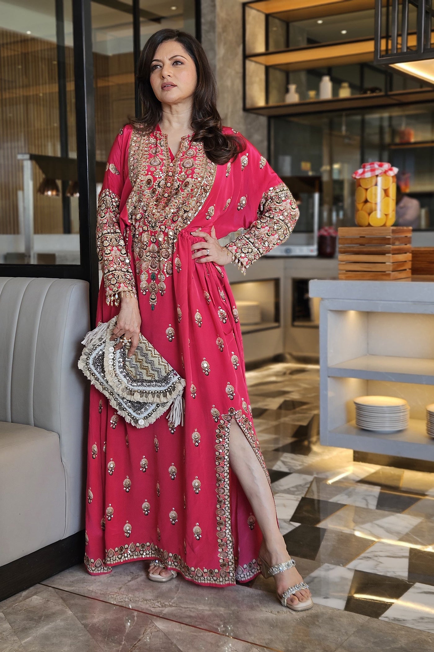 Bhagyashree In Rani Pink Crepe Kaftan with Digital Print & Hand Embroidery