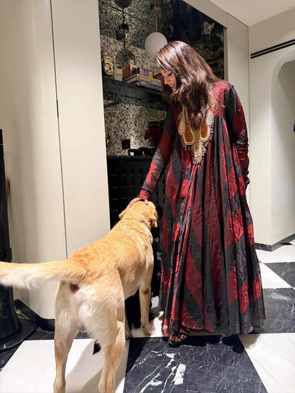 Mehreen pirzada In Black & Wine Handcrafted Panelled Anarkali
