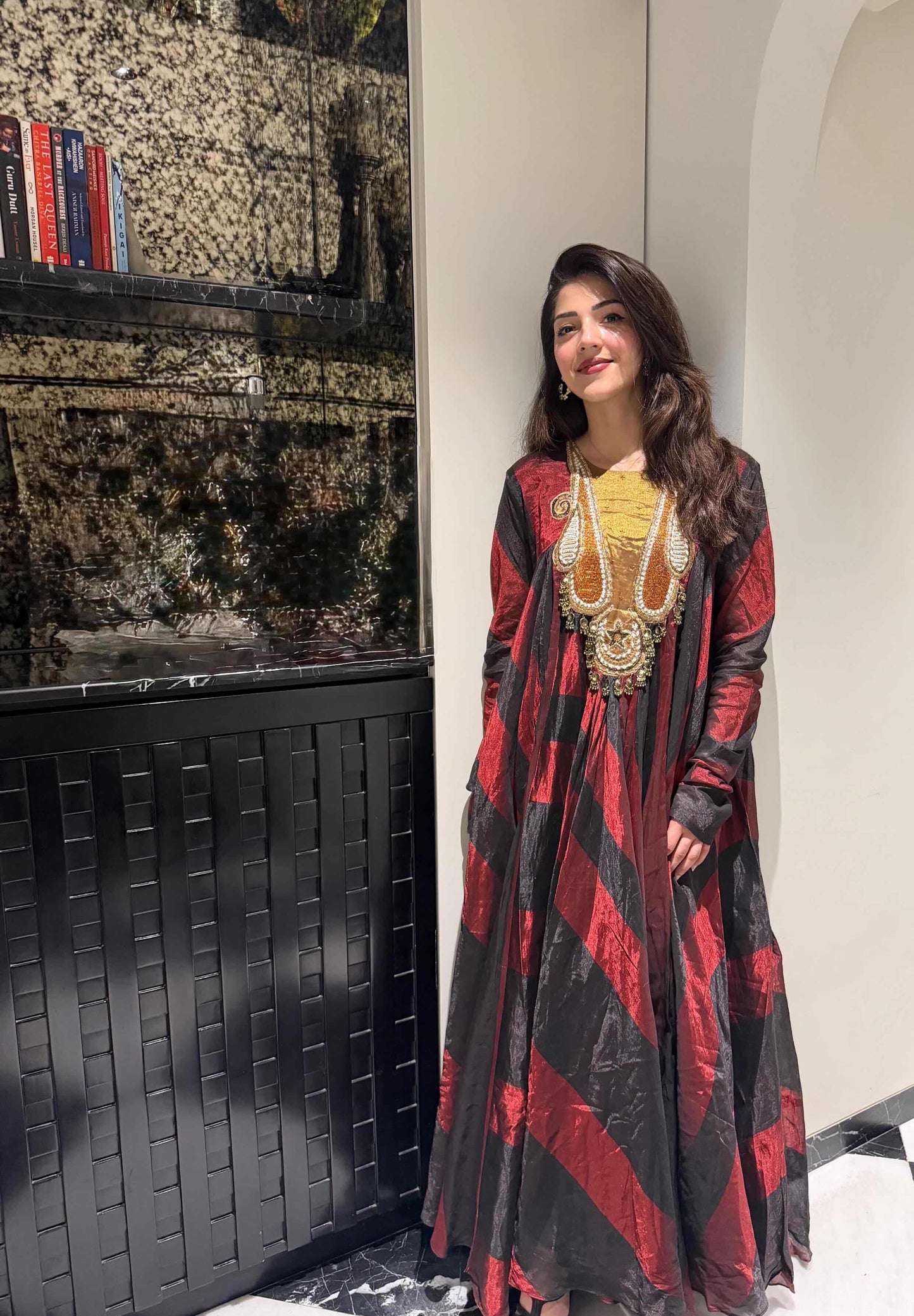 Mehreen pirzada In Black & Wine Handcrafted Panelled Anarkali