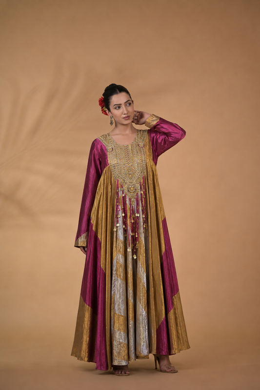 Gold & red Handcrafted Panelled Anarkali