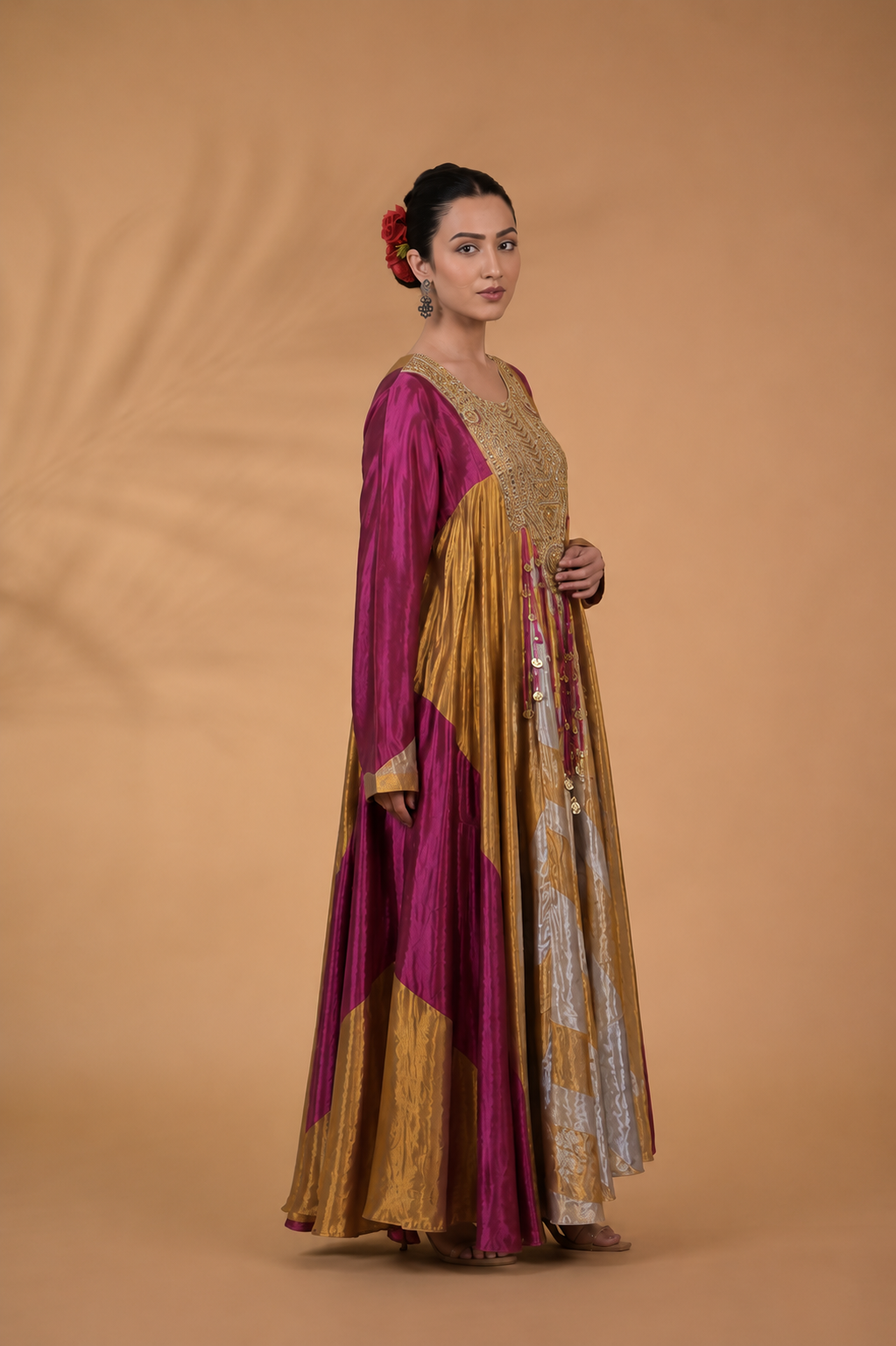 Gold & red Handcrafted Panelled Anarkali