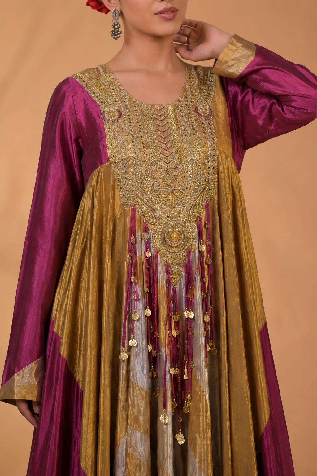 Gold & red Handcrafted Panelled Anarkali