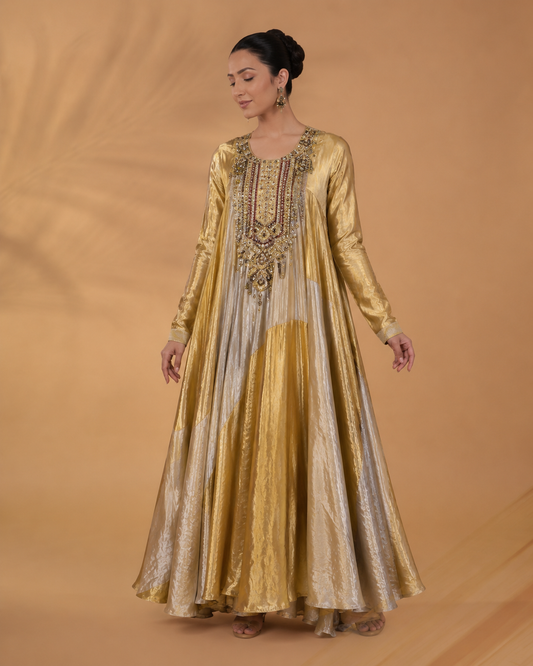 Gold Handcrafted Panelled Anarkali