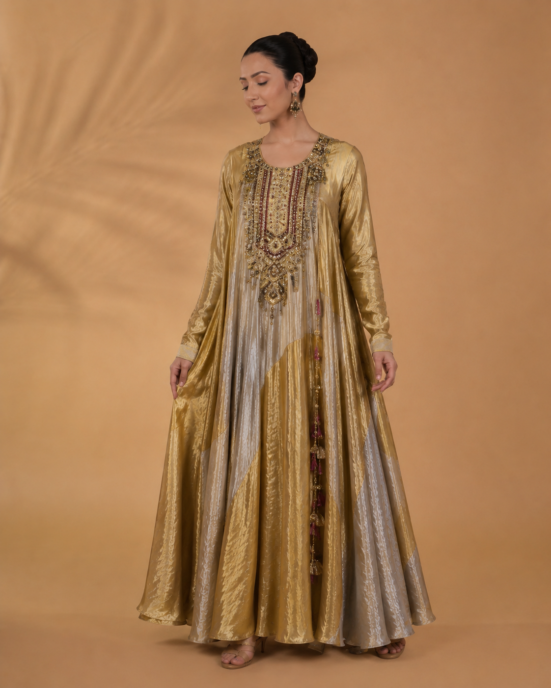 Gold Handcrafted Panelled Anarkali