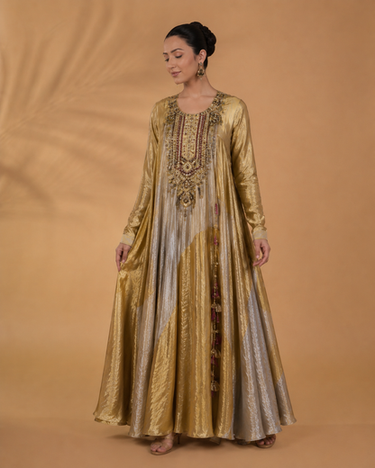 Gold Handcrafted Panelled Anarkali