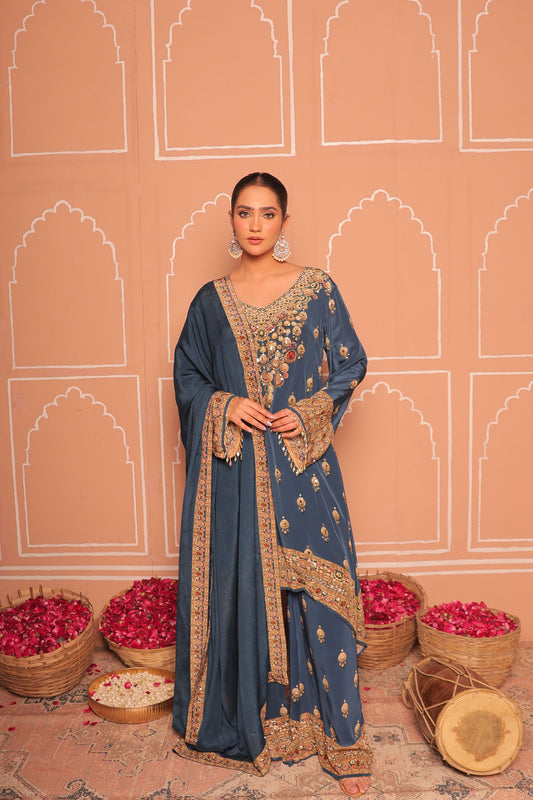 Blue Crepe Digital Print Kurta Set