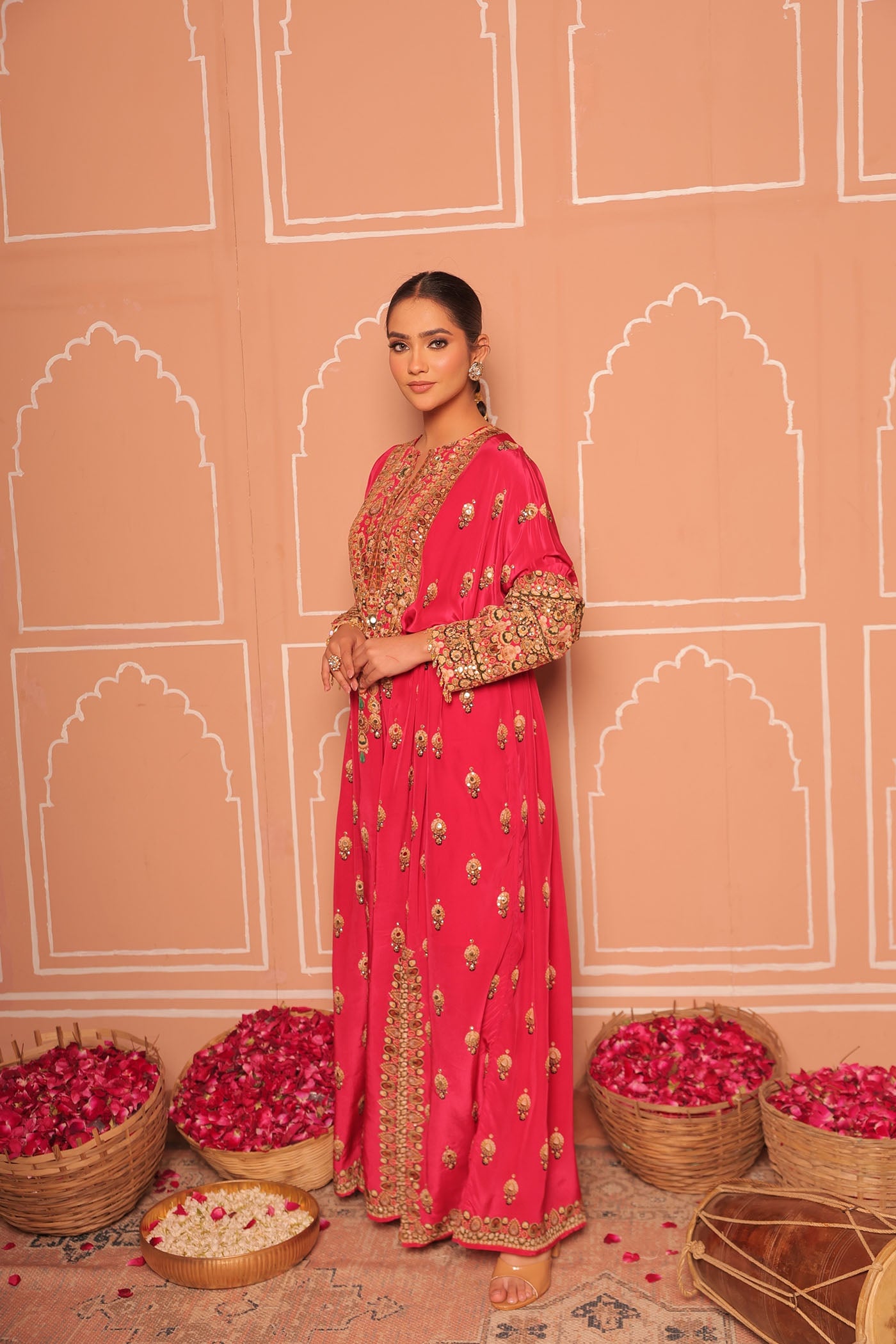 Rani Pink Crepe Kaftan with Digital Print & Hand Embroidery