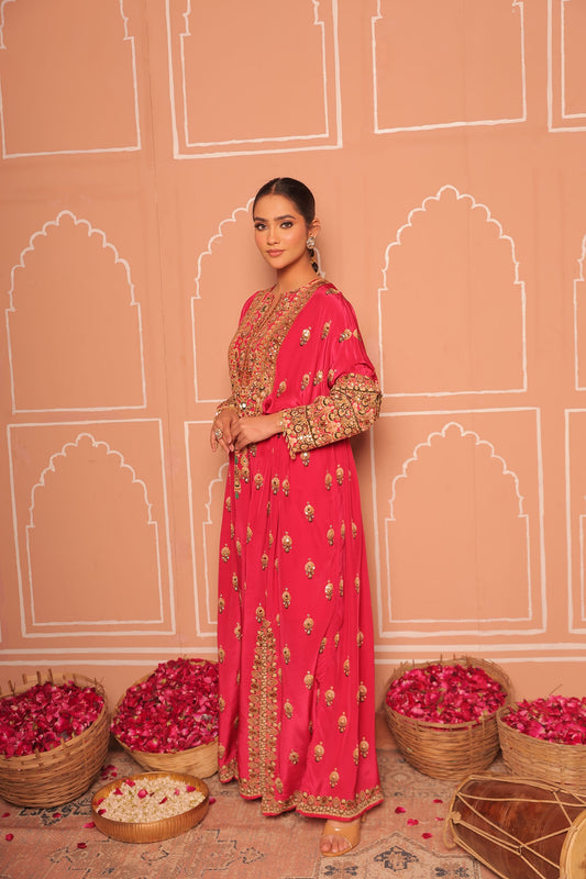 Rani Pink Crepe Kaftan with Digital Print & Hand Embroidery