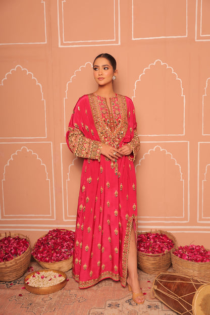 Rani Pink Crepe Kaftan with Digital Print & Hand Embroidery