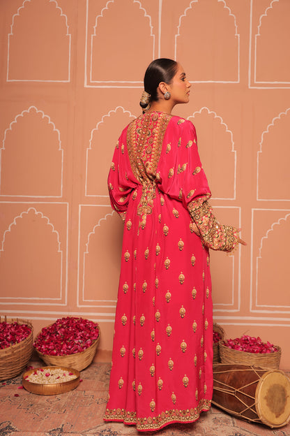 Rani Pink Crepe Kaftan with Digital Print & Hand Embroidery