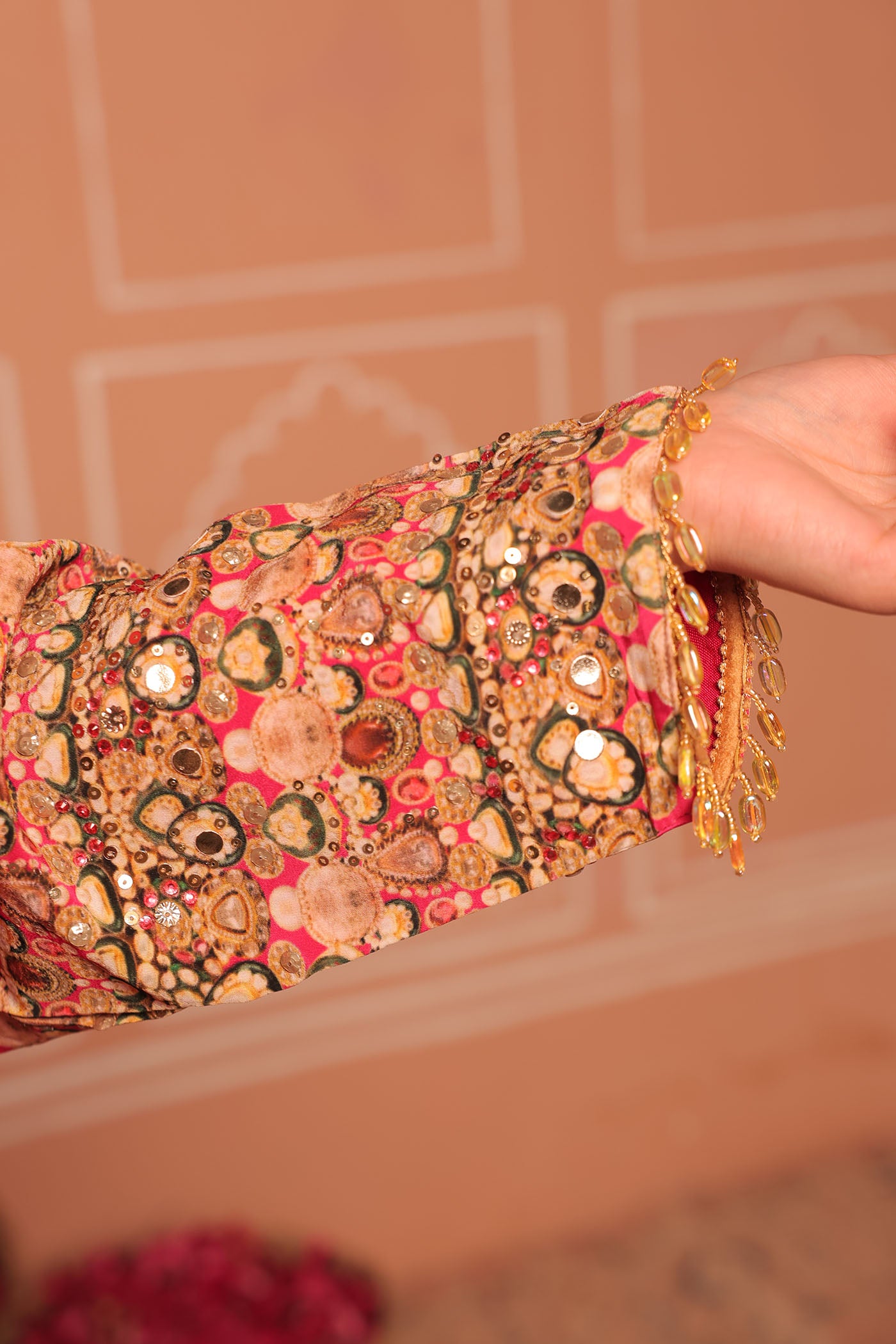 Rani Pink Crepe Kaftan with Digital Print & Hand Embroidery