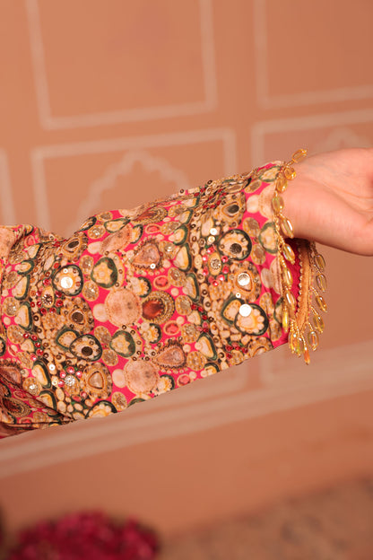 Rani Pink Crepe Kaftan with Digital Print & Hand Embroidery