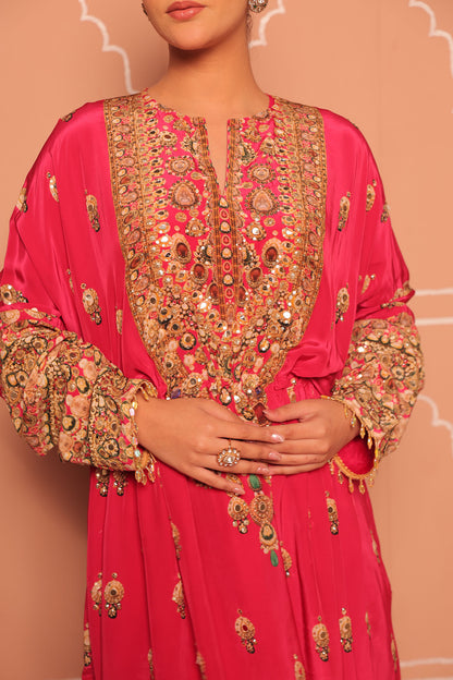 Rani Pink Crepe Kaftan with Digital Print & Hand Embroidery