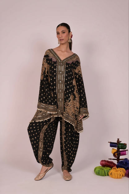 Black and golden print work on Coord set - Black