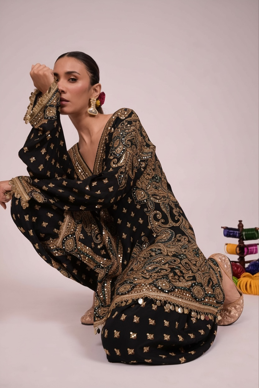 Black and golden print work on Coord set - Black