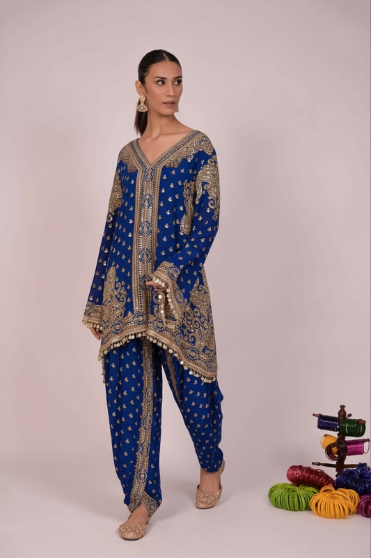 Pink and golden print work on Coord set - Blue