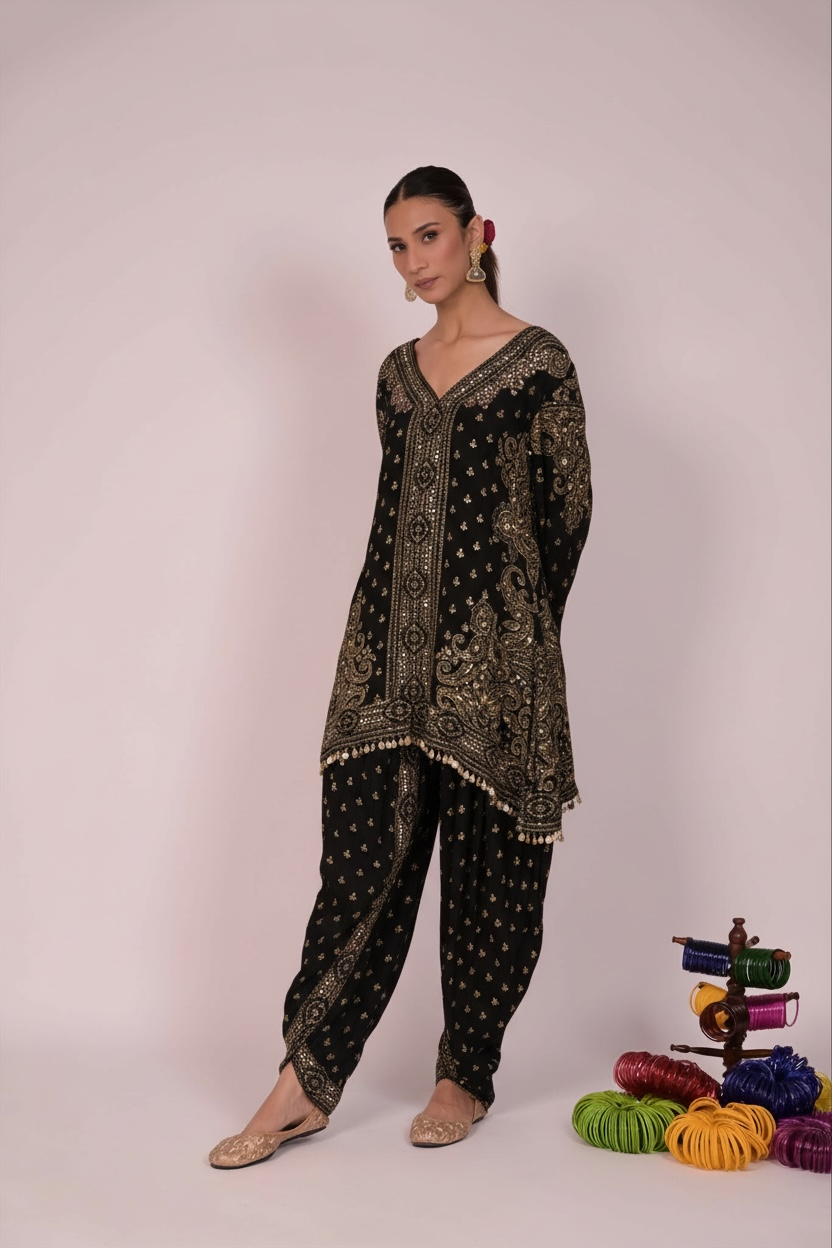 Black and golden print work on Coord set - Black