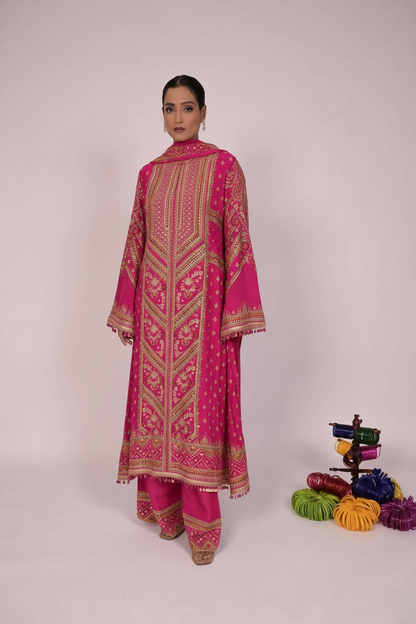 Long Arnarkali suit with wide legged pants and dupatta - Pink
