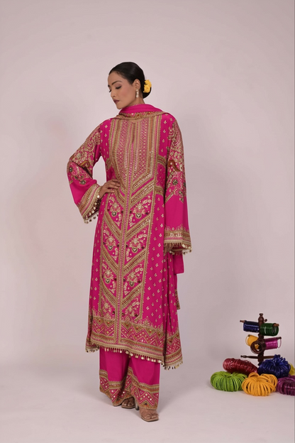 Long Arnarkali suit with wide legged pants and dupatta - Pink