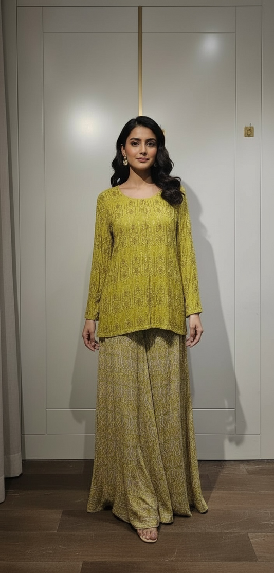 Lime Green Embroidered Kurta & Matching Printed Wide-Leg Pant Set