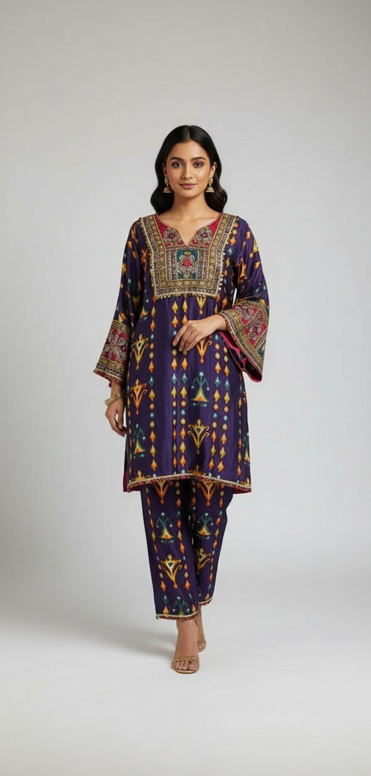 Navy Blue Printed Kurta With Hand-Embroidered kurta set