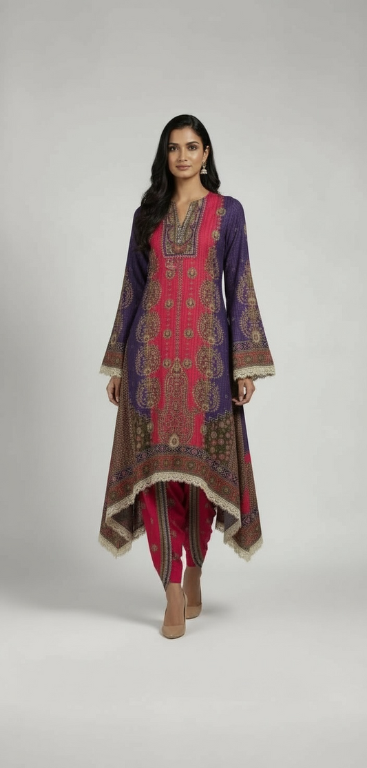 Pink & Dark Purple Embroidered Kurta With Tulip Pants
