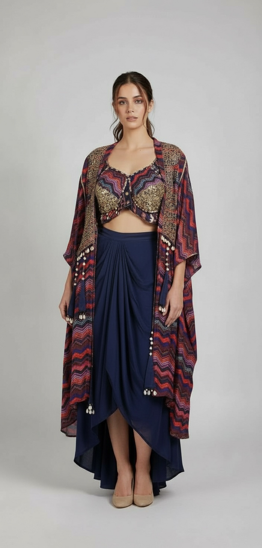 Tribal Wave Mirror-Work Kaftan Set