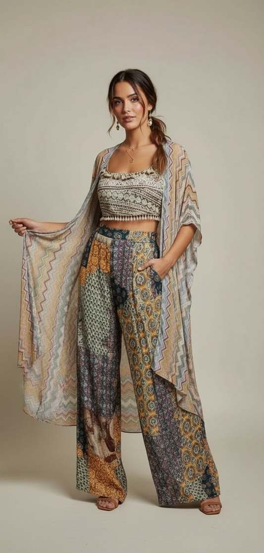 Multicolour Patchwork Top & Skirt Set with Embellished Yoke