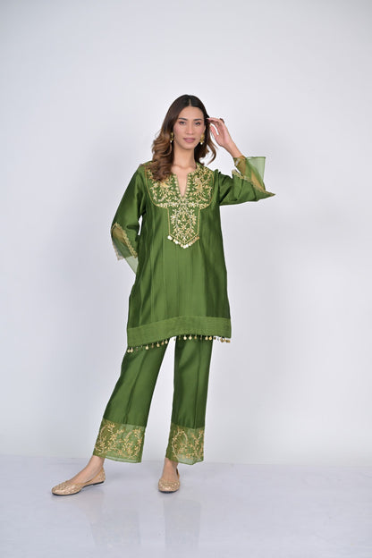 Luxe Olive Green Embroidered Kurta Set