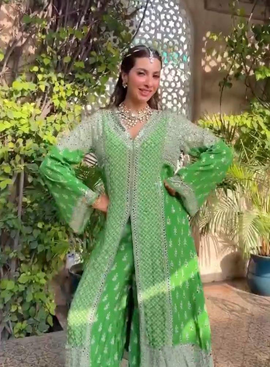 Nikki Mehra in our Amethyst Mirror Embroidered Green Long Kurta Set