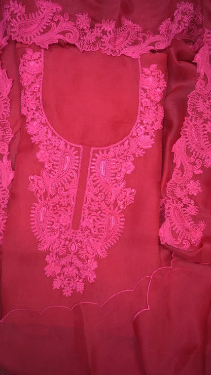 Rani Pink Pure Banaras Organza Suit Set