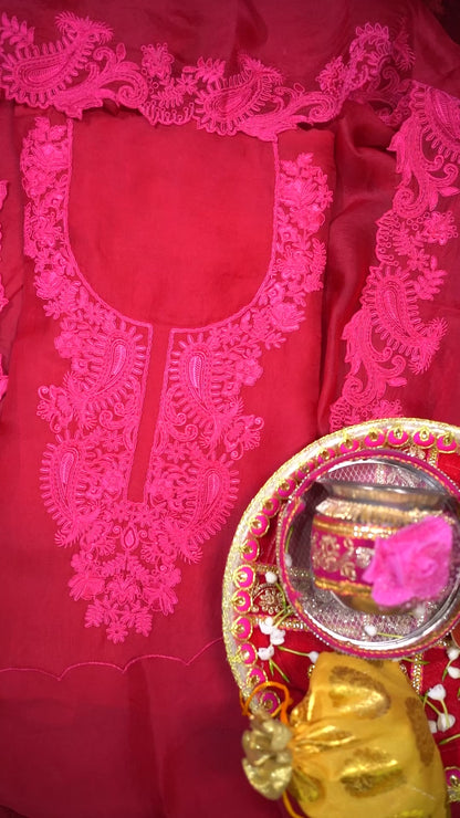 Rani Pink Pure Banaras Organza Suit Set