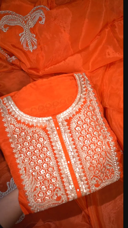 Orange Banarasi Organza Suit Set