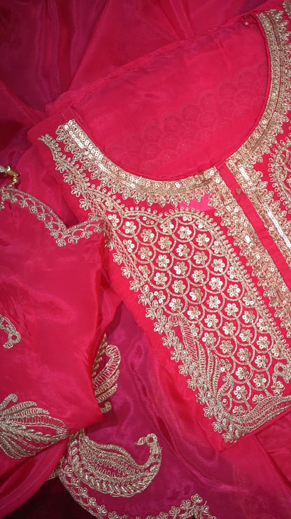 Pink Banarasi Organza Suit Set