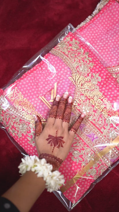 Pink Bandhani Embroidered Chinon Suit Set