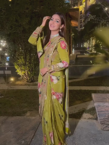 Anmol Bhaitya In Olive Bloom Designer Saree