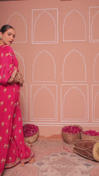Rani Pink Crepe Kaftan with Digital Print & Hand Embroidery