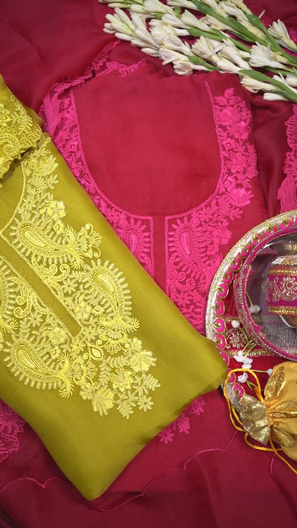 Rani Pink Pure Banaras Organza Suit Set