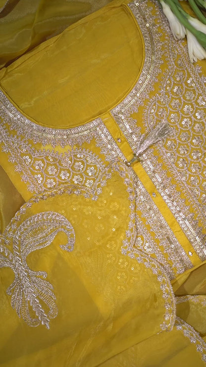 Yellow Banarasi Organza Suit Set
