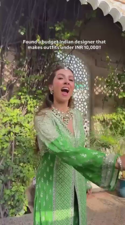 Nikki Mehra in our Amethyst Mirror Embroidered Green Long Kurta Set